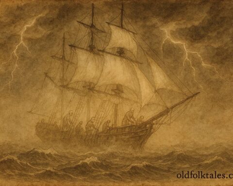 An artwork of a ghost ship on stormy Dutch waters, Zuiderzee folklore scene.