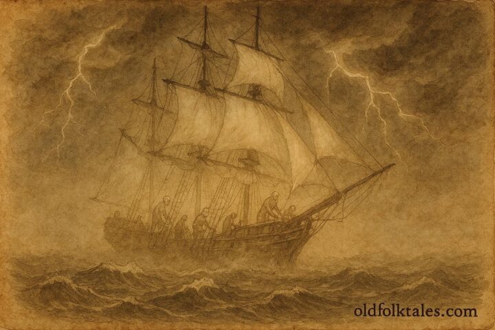 An artwork of a ghost ship on stormy Dutch waters, Zuiderzee folklore scene.