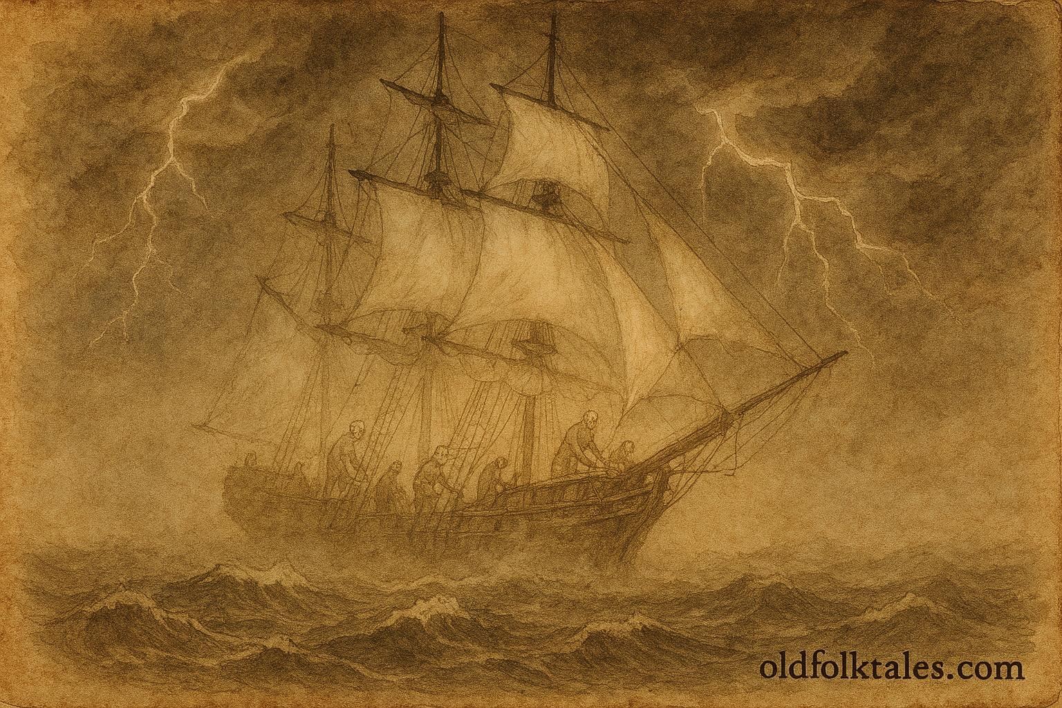 An artwork of a ghost ship on stormy Dutch waters, Zuiderzee folklore scene.
