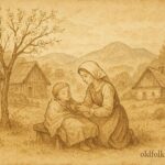 An illustration of Anička helping a sick child, Slovak folktale scene of kindness and compassion.