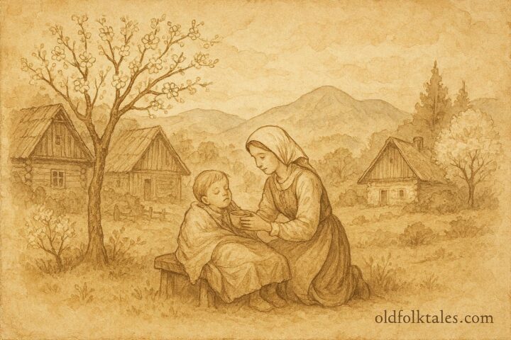 An illustration of Anička helping a sick child, Slovak folktale scene of kindness and compassion.