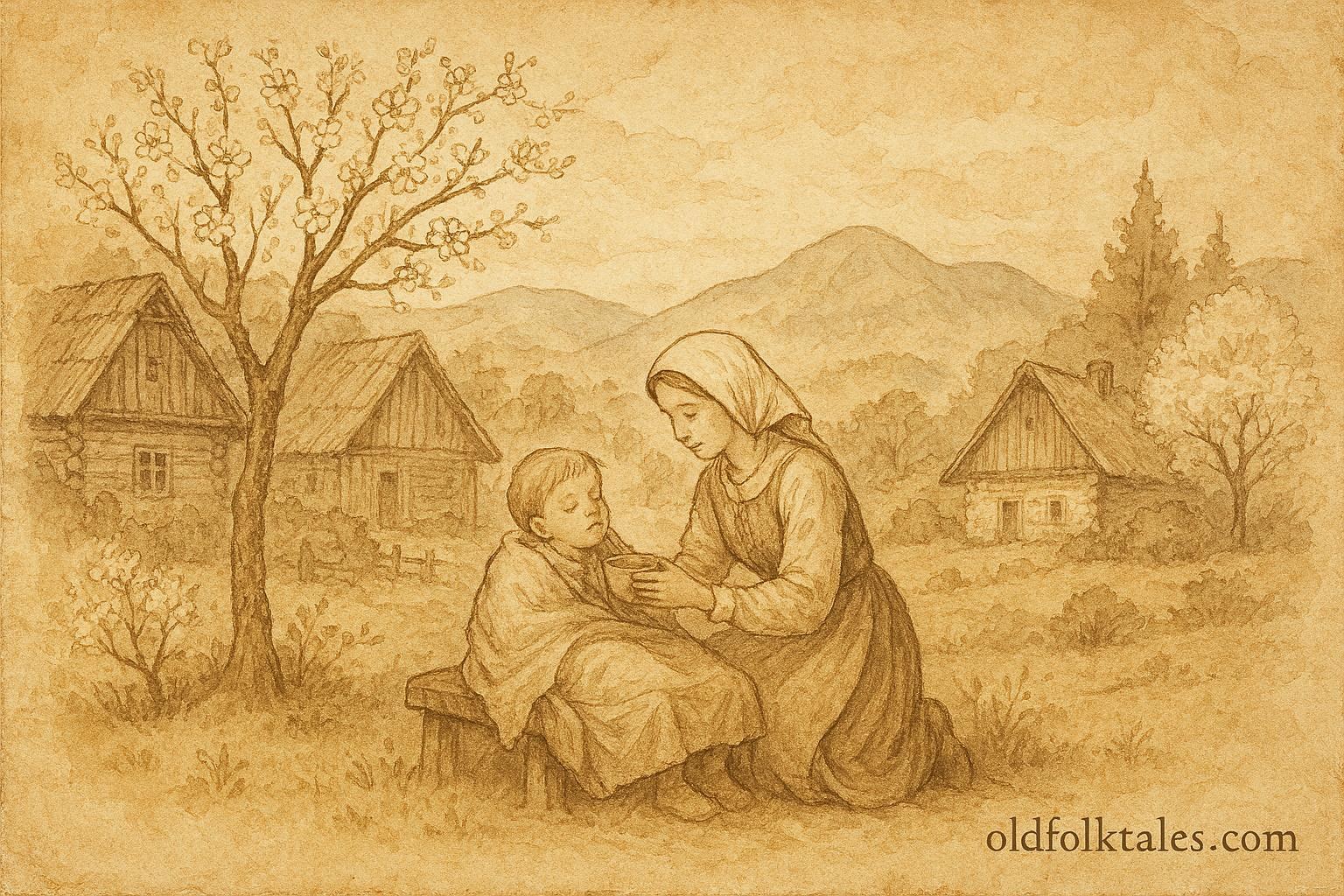 An illustration of Anička helping a sick child, Slovak folktale scene of kindness and compassion.