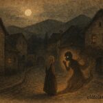 An artwork of Lejka listening to whispering shadows in a Bosnian village at night.