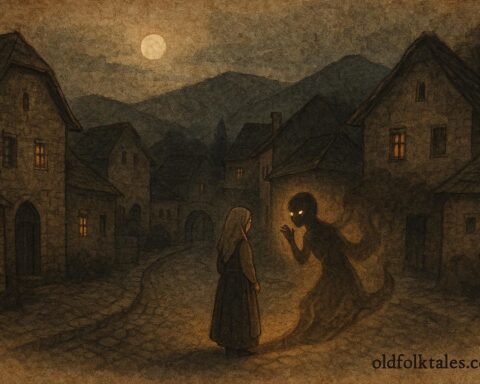 An artwork of Lejka listening to whispering shadows in a Bosnian village at night.