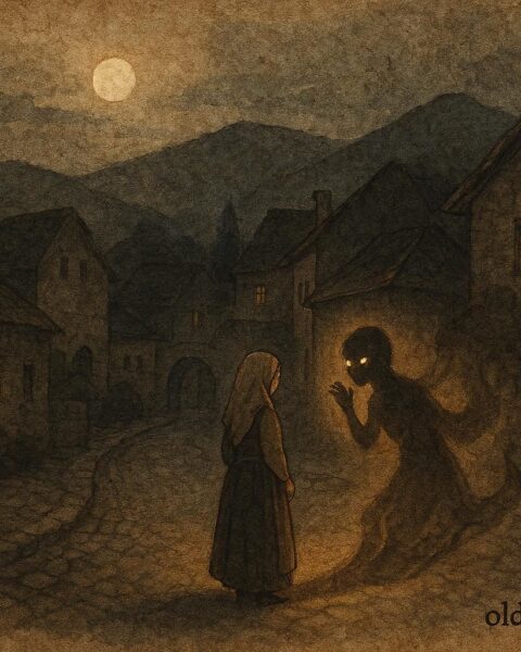 An artwork of Lejka listening to whispering shadows in a Bosnian village at night.