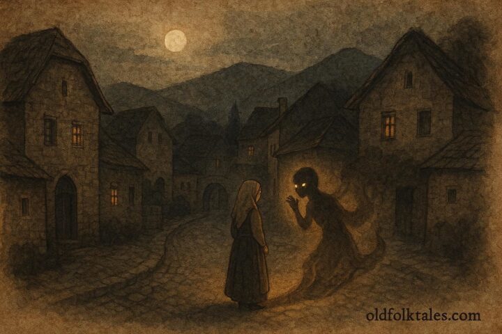 An artwork of Lejka listening to whispering shadows in a Bosnian village at night.