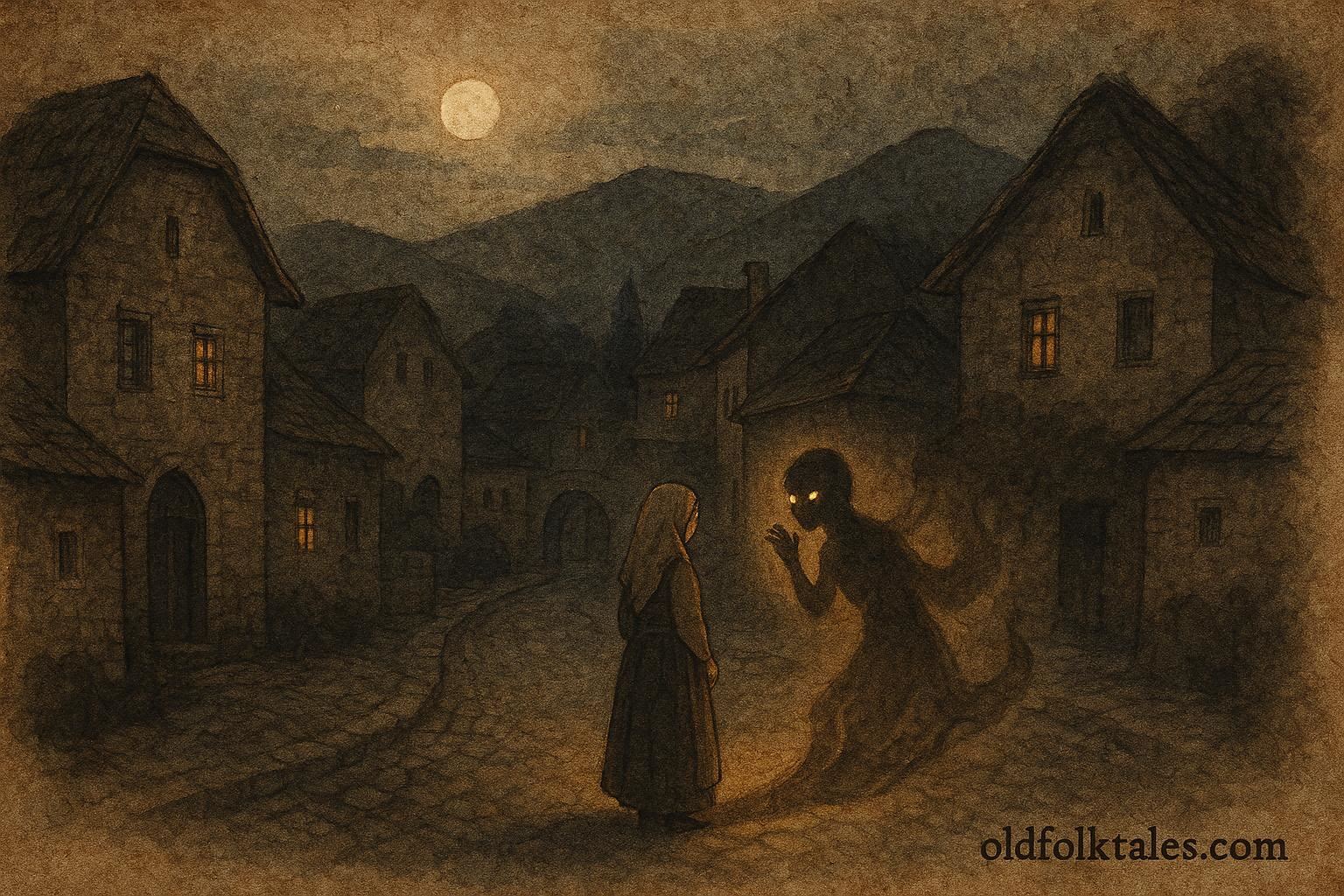 An artwork of Lejka listening to whispering shadows in a Bosnian village at night.
