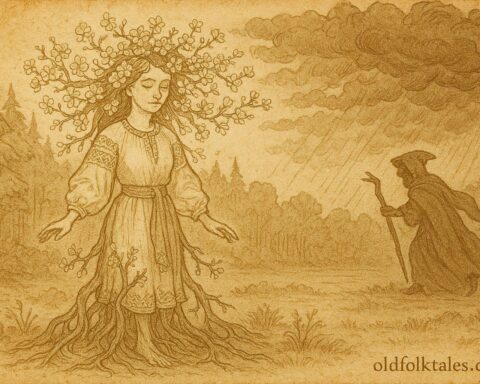 An artwork of Ukrainian girl transforming into cherry tree, village folklore scene.