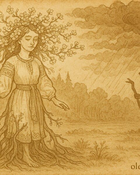 An artwork of Ukrainian girl transforming into cherry tree, village folklore scene.