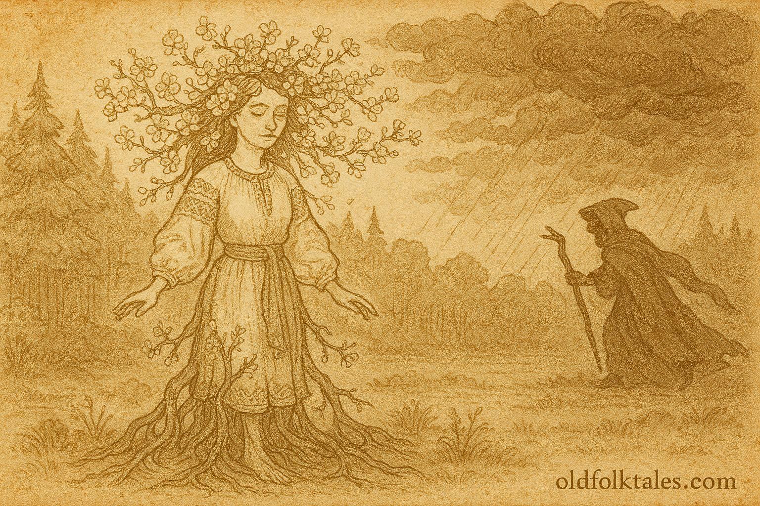 An artwork of Ukrainian girl transforming into cherry tree, village folklore scene.