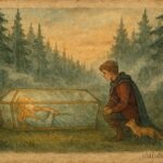 Parchment-style illustration of a prince finding a princess in a glass coffin, Austrian fairy tale scene.