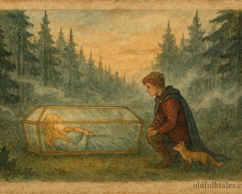 Parchment-style illustration of a prince finding a princess in a glass coffin, Austrian fairy tale scene.
