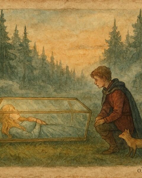 Parchment-style illustration of a prince finding a princess in a glass coffin, Austrian fairy tale scene.