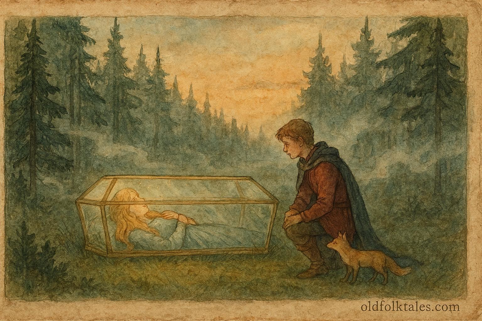 Parchment-style illustration of a prince finding a princess in a glass coffin, Austrian fairy tale scene.