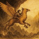 An illustration of Miklós riding a golden griffin from the underworld in Hungarian folklore.