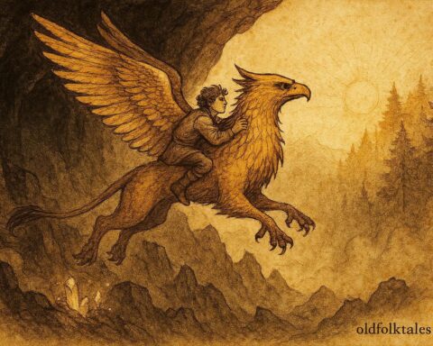 An illustration of Miklós riding a golden griffin from the underworld in Hungarian folklore.
