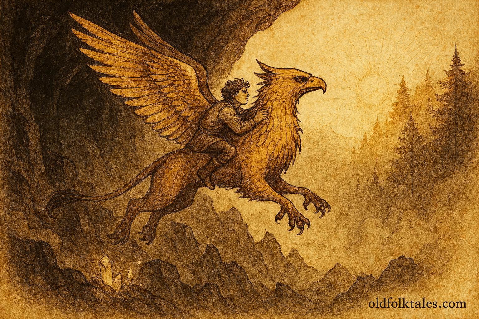 An illustration of Miklós riding a golden griffin from the underworld in Hungarian folklore.