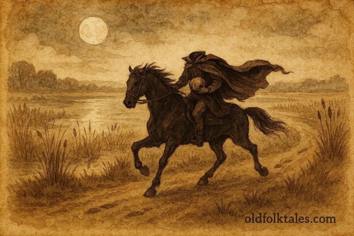 Parchment-style artwork of a headless rider haunting Dutch marsh roads, Netherlands folklore.