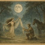 An artwork of horseman returning Samodiva’s veil in moonlit Bulgarian forest.
