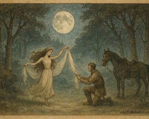 An artwork of horseman returning Samodiva’s veil in moonlit Bulgarian forest.