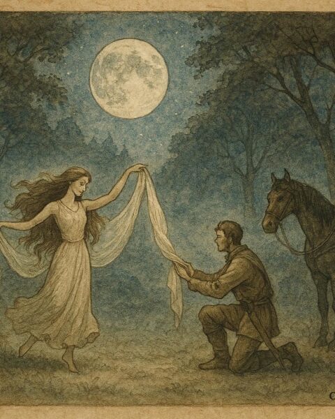 An artwork of horseman returning Samodiva’s veil in moonlit Bulgarian forest.