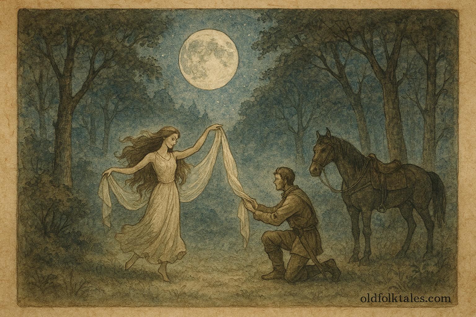 An artwork of horseman returning Samodiva’s veil in moonlit Bulgarian forest.