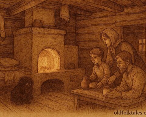 A Belarusian Domovik guarding hearth inside rural wooden cottage.
