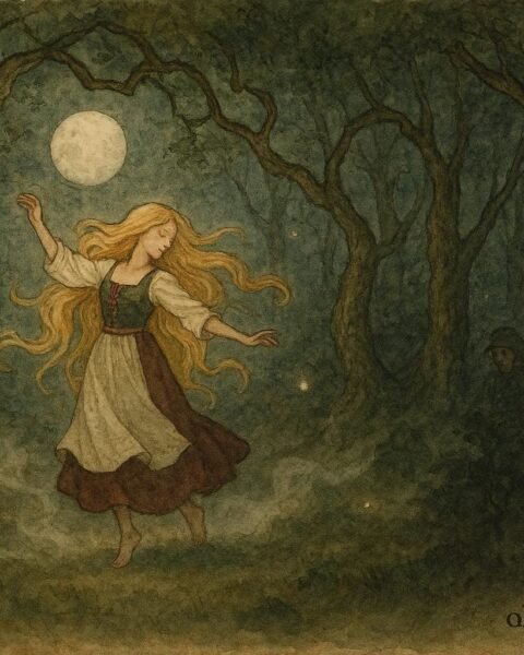 Parchment-style artwork of the huldra dancing in a moonlit Dalarna forest, Swedish folktale scene.