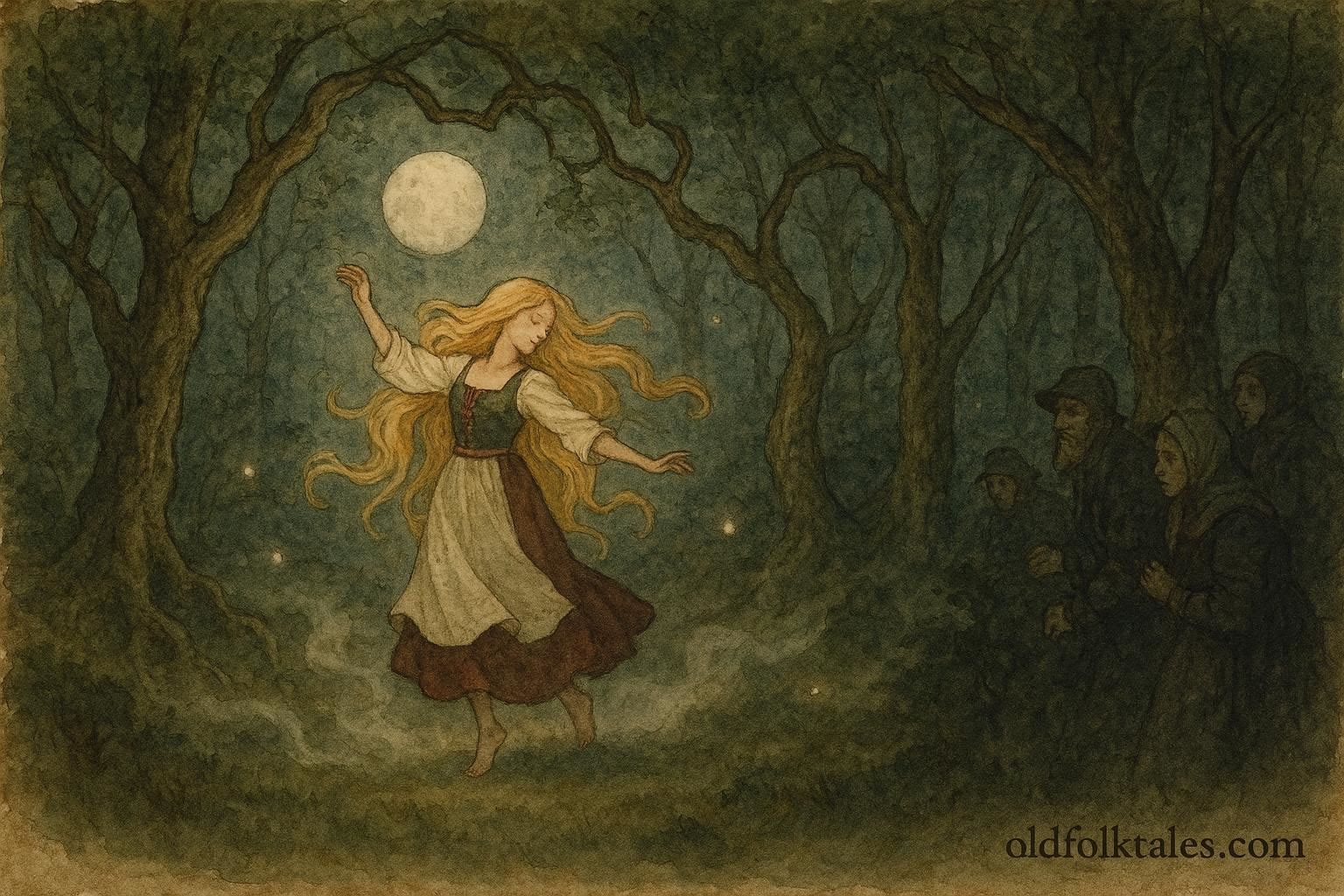 Parchment-style artwork of the huldra dancing in a moonlit Dalarna forest, Swedish folktale scene.
