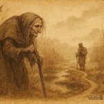 An illustration of iron-toothed swamp crone and traveler, Belarusian folktale scene.