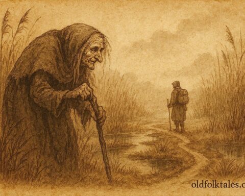 An illustration of iron-toothed swamp crone and traveler, Belarusian folktale scene.
