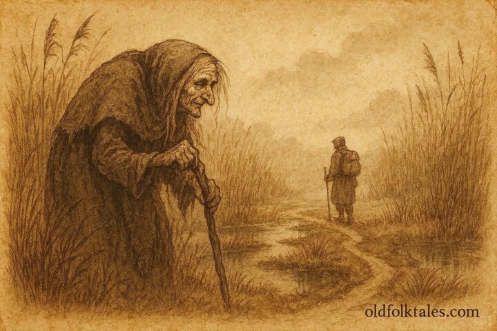 An illustration of iron-toothed swamp crone and traveler, Belarusian folktale scene.