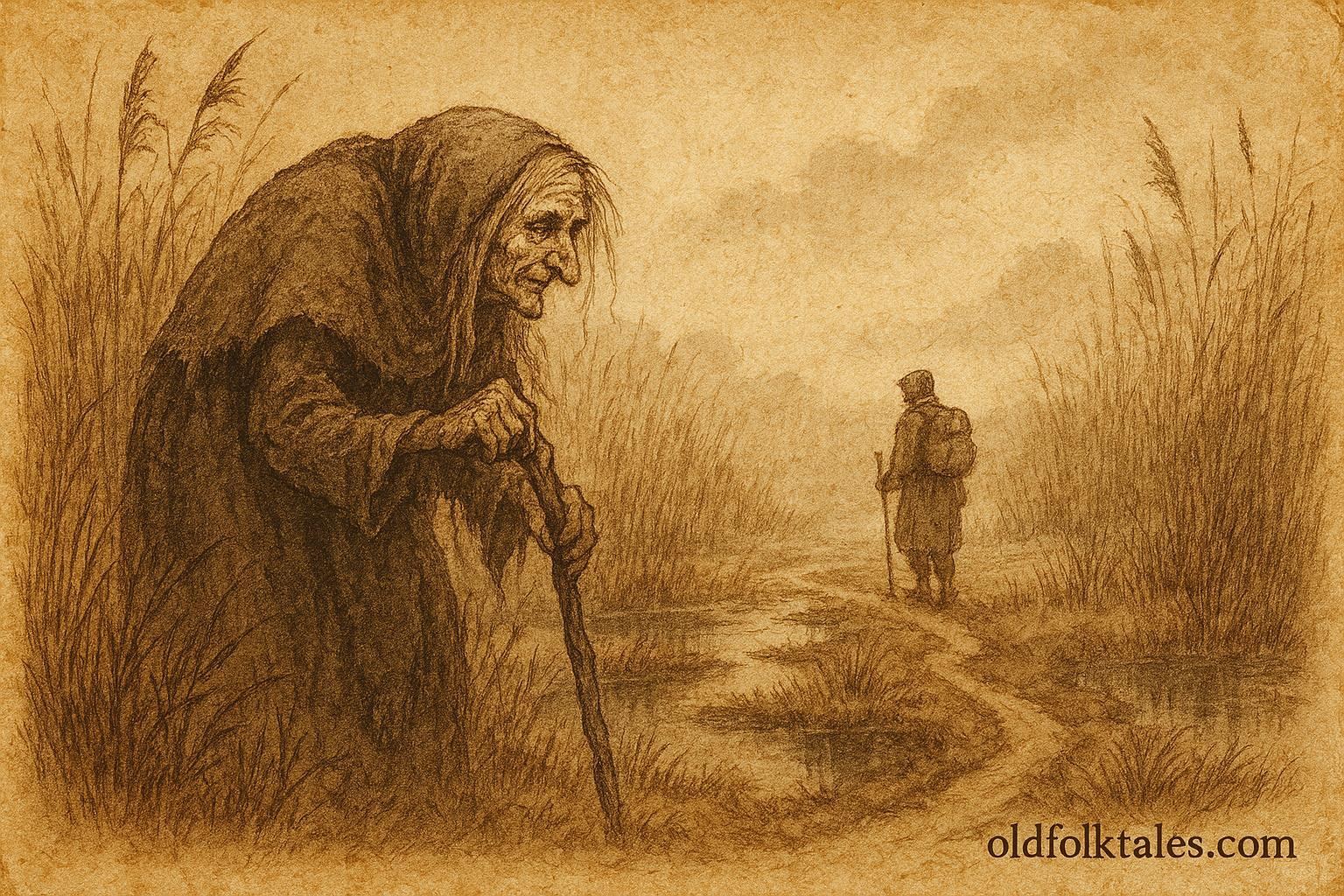 An illustration of iron-toothed swamp crone and traveler, Belarusian folktale scene.