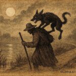 An artwork of Kludde river spirit leaping onto traveler near Scheldt River, Flemish folktale scene.