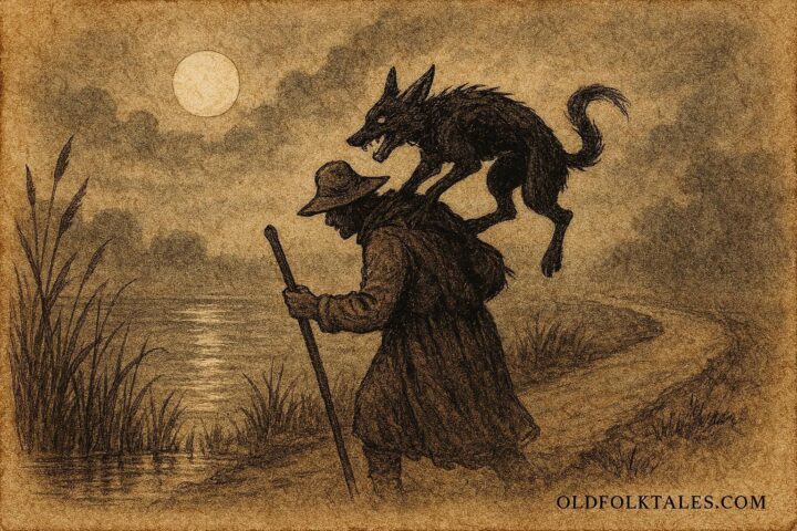 An artwork of Kludde river spirit leaping onto traveler near Scheldt River, Flemish folktale scene.