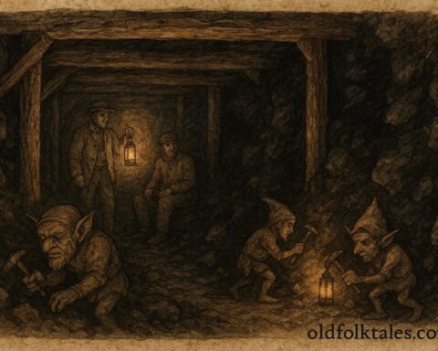 An artwork of Coblynau spirits in Welsh coal mine, South Wales legend.