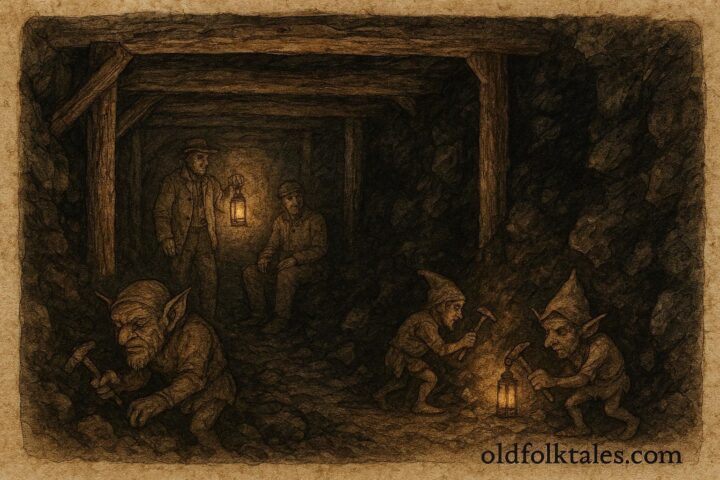 An artwork of Coblynau spirits in Welsh coal mine, South Wales legend.