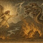 An artwork of Drangue battling Kulshedra serpent, Albanian folktale scene.