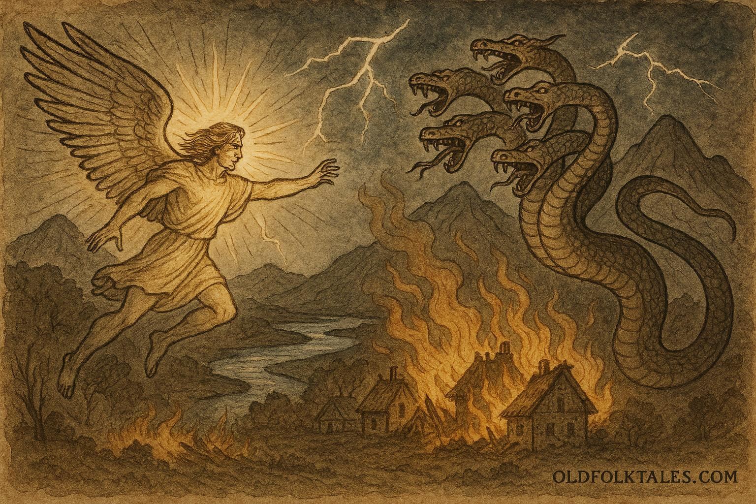 An artwork of Drangue battling Kulshedra serpent, Albanian folktale scene.