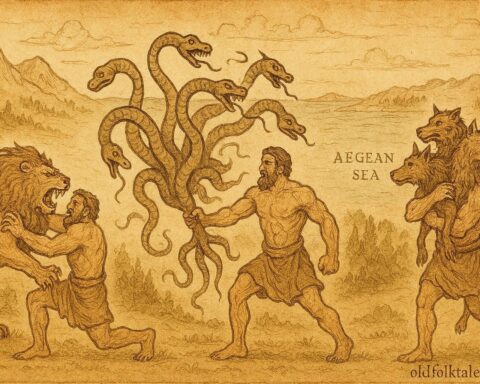 An artwork of Heracles completing twelve labors, Ancient Greek myth scene.