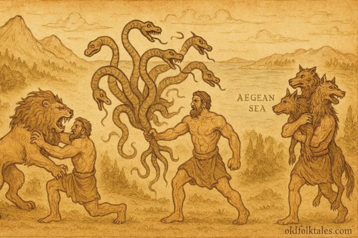 An artwork of Heracles completing twelve labors, Ancient Greek myth scene.