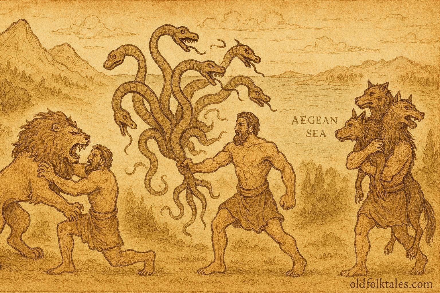 An artwork of Heracles completing twelve labors, Ancient Greek myth scene.