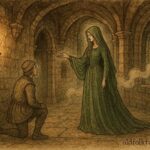 An illustration of a spectral lady in green warning villagers in an Austrian castle, folklore scene.
