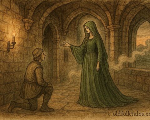 An illustration of a spectral lady in green warning villagers in an Austrian castle, folklore scene.