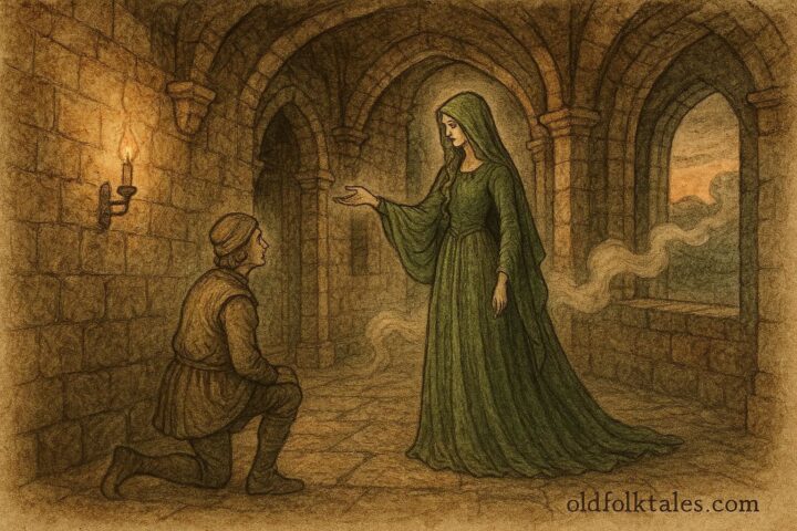 An illustration of a spectral lady in green warning villagers in an Austrian castle, folklore scene.