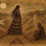 An illustration of the Lady of the Seven Skirts at a crossroads, Portuguese folktale.