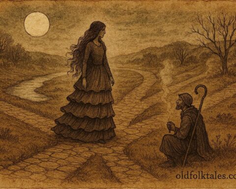 An illustration of the Lady of the Seven Skirts at a crossroads, Portuguese folktale.