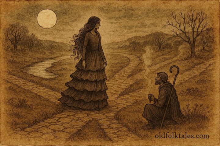 An illustration of the Lady of the Seven Skirts at a crossroads, Portuguese folktale.