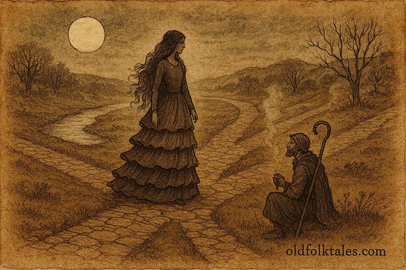An illustration of the Lady of the Seven Skirts at a crossroads, Portuguese folktale.