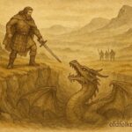 An artwork of Highland laird defeating dragon in Sutherland, Scottish legend.